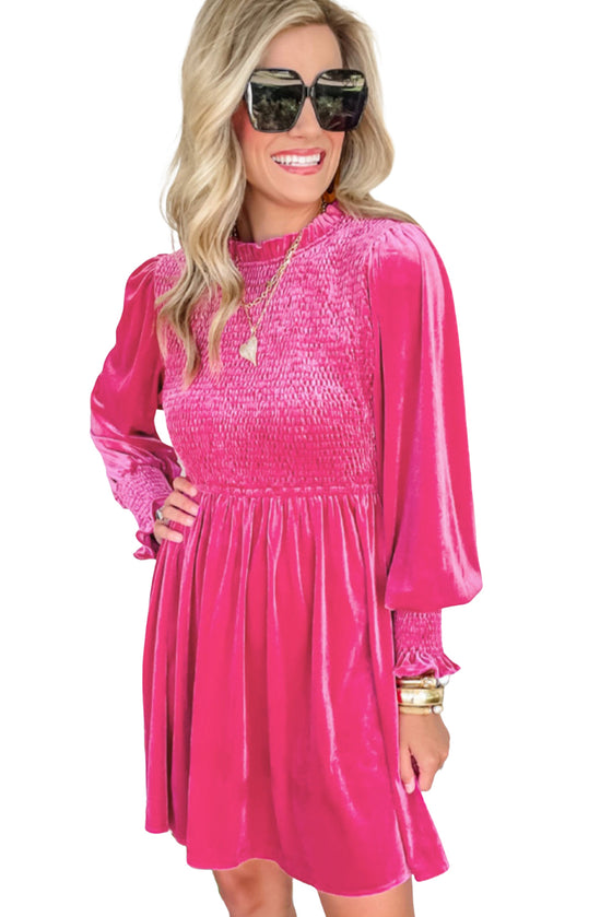 Rose Red Smocked Lantern Sleeve Frilled Velvet Dress | Available in Other Colors