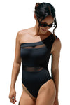 Black Mesh Insert One Shoulder High Waist Swimsuit