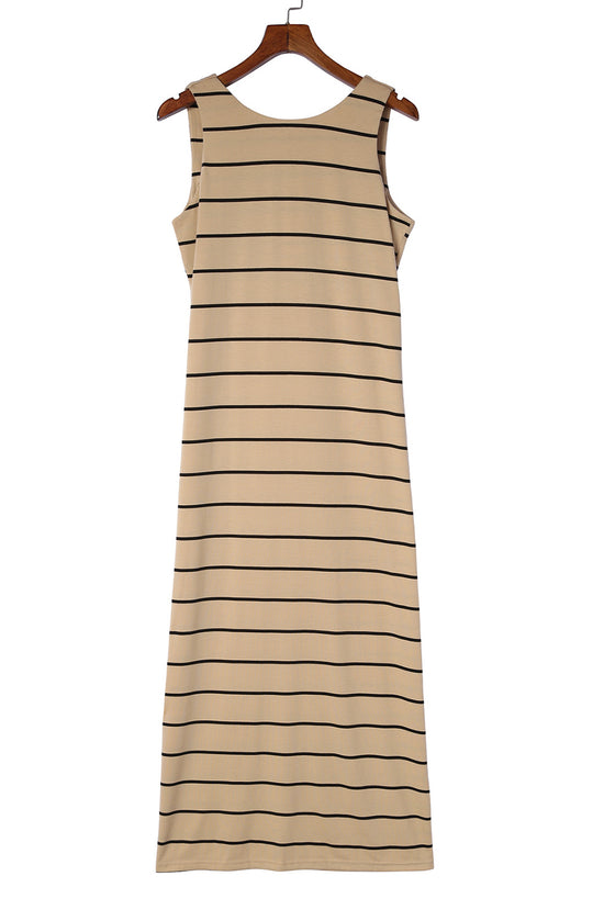 Black Stripe Print Open Back Sleeveless Maxi Dress With Slits