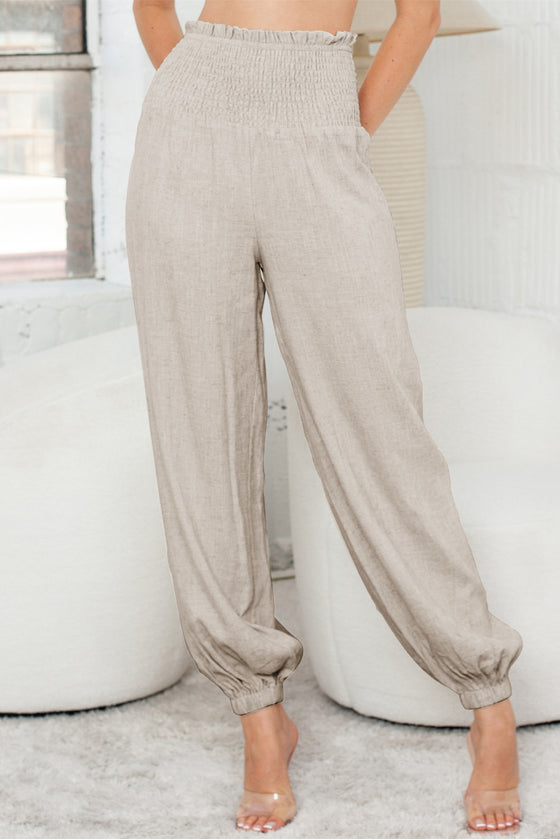 Beige Smocked High Waist Loose Jogger Pants