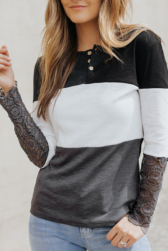 Color Block Ribbed Lace Crochet Sleeves Shirt for Women | Available in 2 Colors