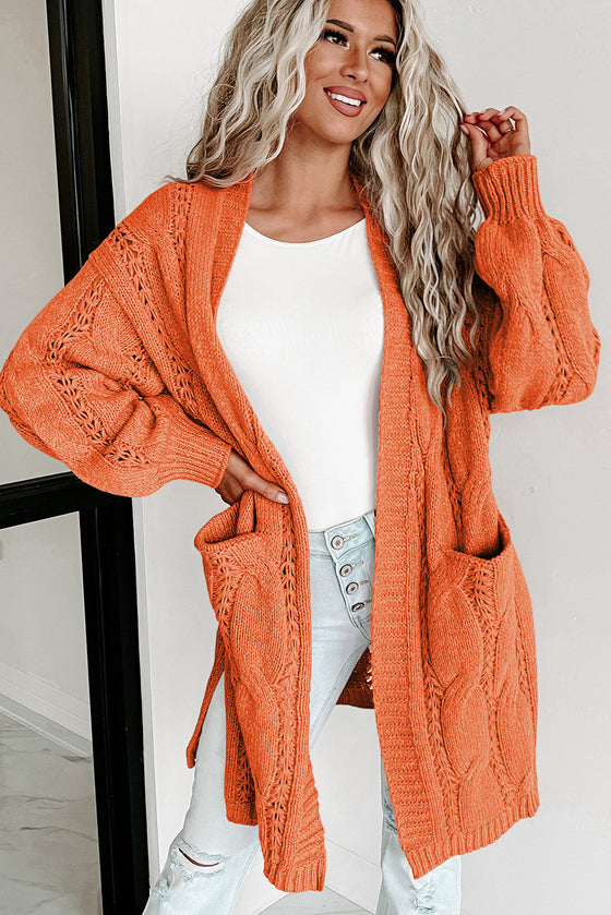 Apricot Ribbed Trim Hollow Knit Side Slits Cardigan