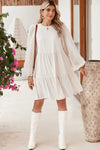 Beige Swiss Dot Lantern Sleeve Mini Tiered Dress