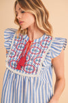 Sky Blue Stripe Geometric Tassel Tied Ruffle Blouse