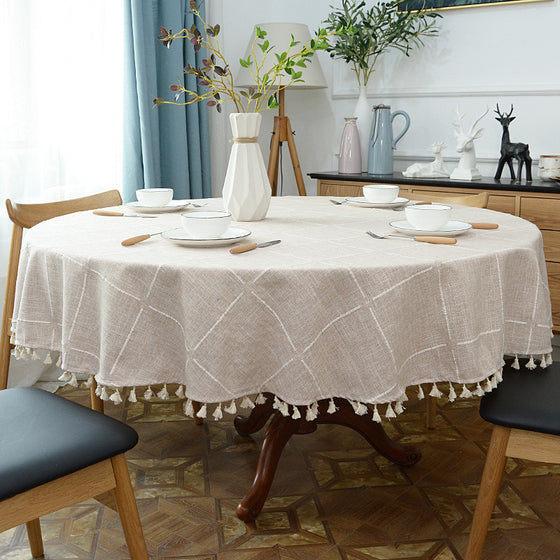 Large Round Table Cloth in Grid Pattern with Ivory Tassel Trim