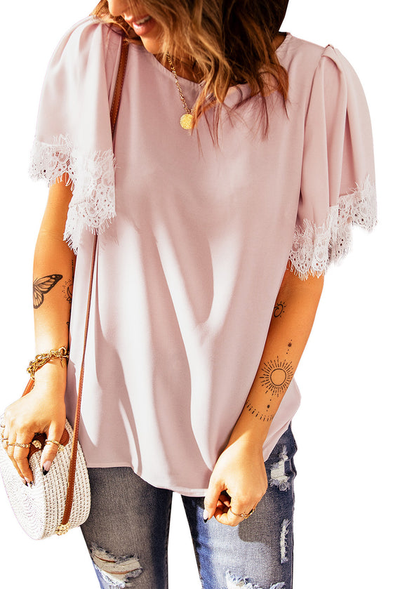 Pastel Pink Lace Trim Flutter Sleeve Blouse for Women