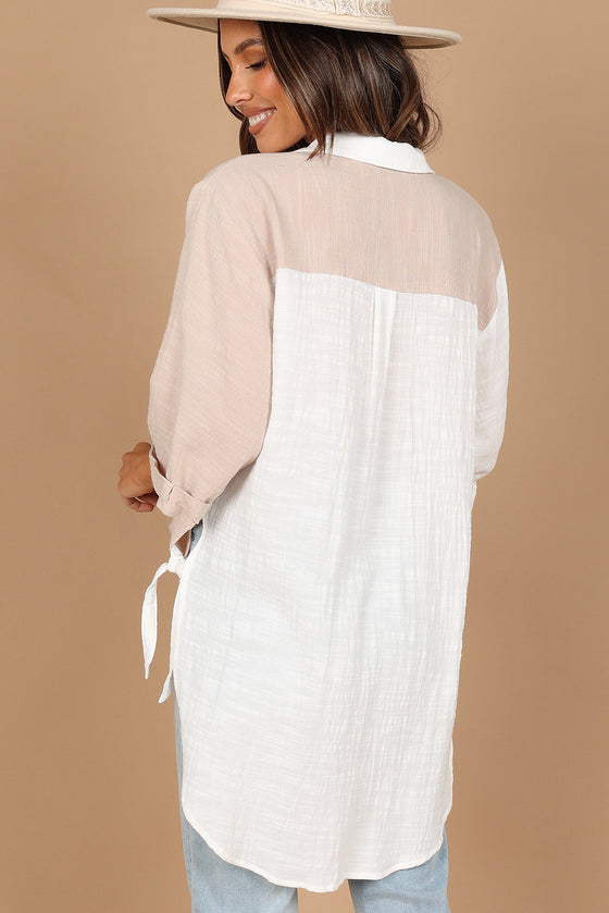 White Colorblock V Neck Collared Side Slits Blouse