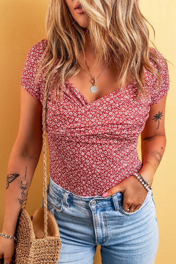 Red Wrapped Floral Bodysuit