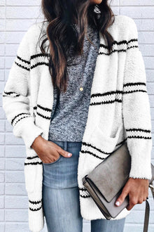  White Striped Furry Open Front Cardigan