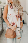 Floral Print Round Neck Casual White Tank Top