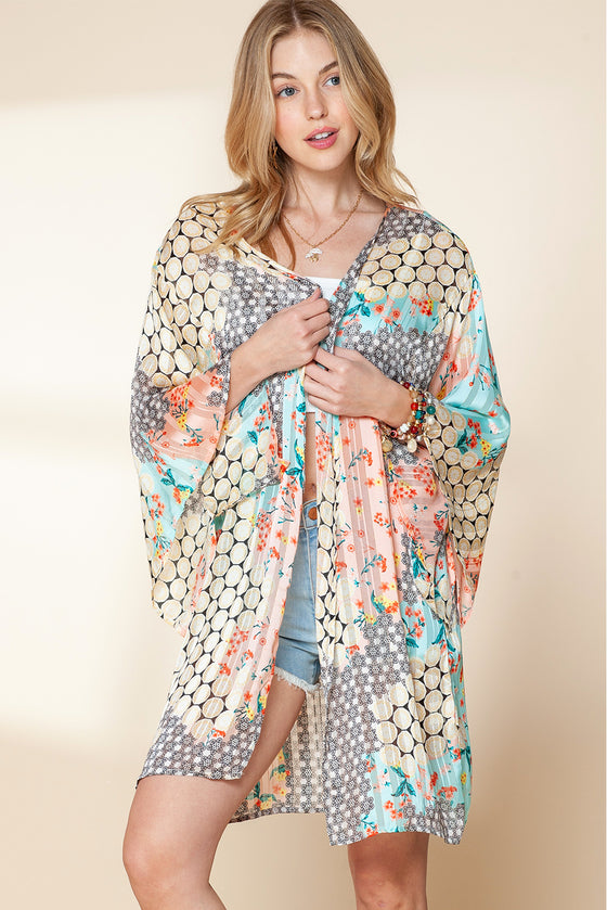 Multicolor Boho Floral Open Front Half Sleeve Kimono