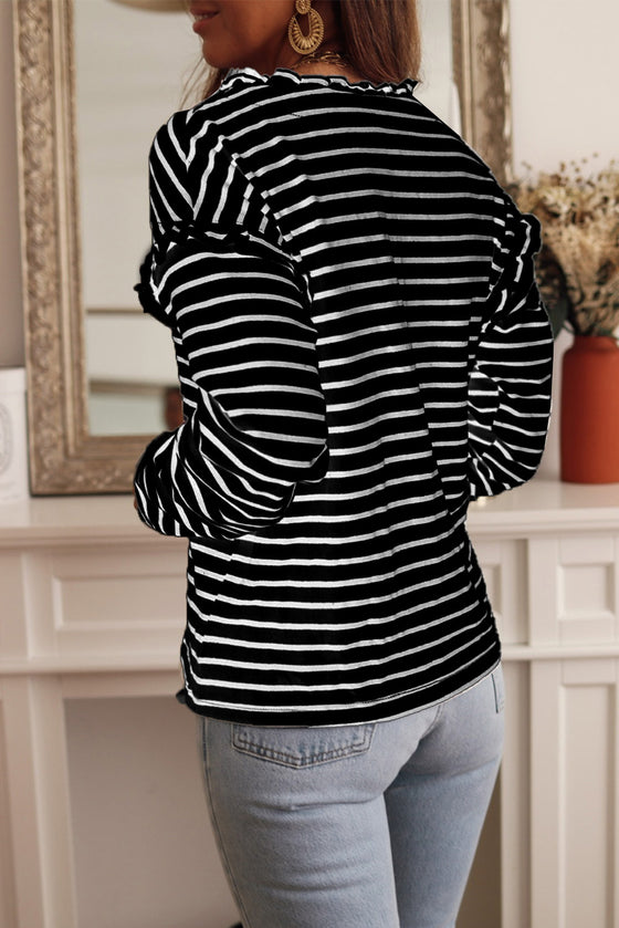 Black and White Striped Snap Button Ruffle Trim Long Sleeve Top