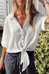 White Textured Knotted Button-up Half Sleeve Blouse