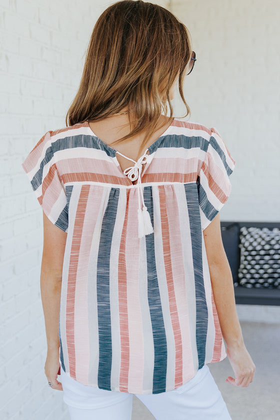 Pink and Blue Stripes V Neck Blouse