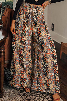  Black Floral Print Boho High Waist Wide Leg Pants