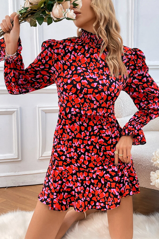 Red Valentine's Day Heart Print Ruffle Long Sleeve Mini Dress