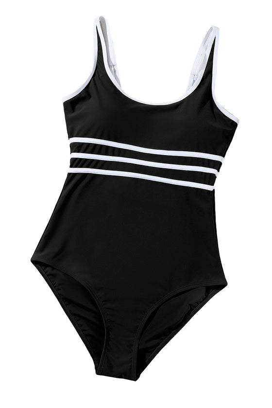 Black Contrast Trim U Neck Adjustable Strap One-Piece Swimwear