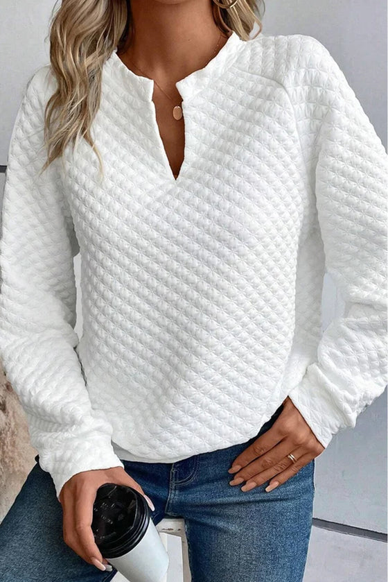 White Quilted V-Neck Solid Color Long Sleeve Top | Available in 4 Colors