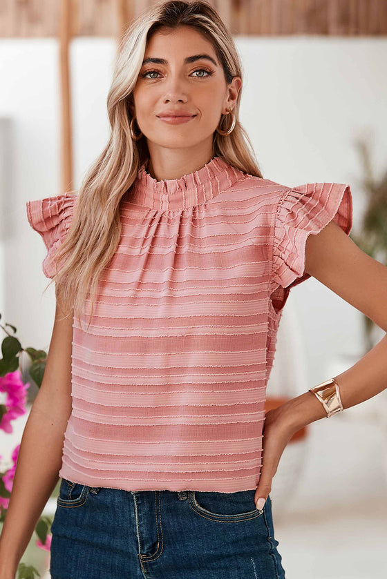 Coral Paradise Textured Striped Frill Neck Knot Ruffle Top