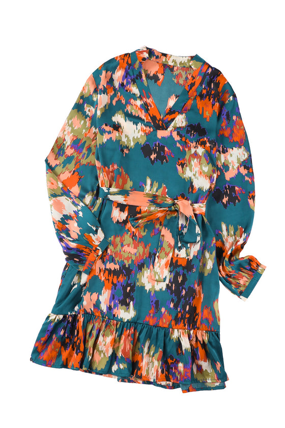 Abstract Print Waist Belted Long Sleeve Dress | Other Colors Available