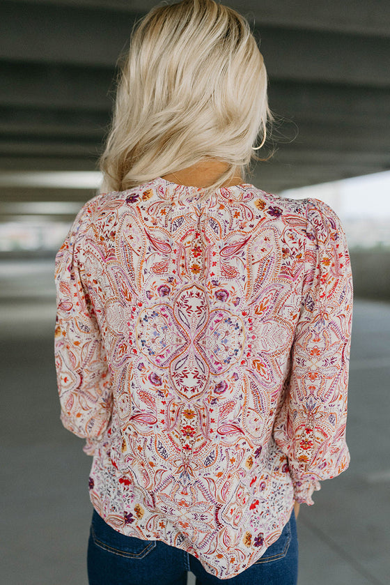 Red Boho Paisley Print Shirred Cuffs Blouse