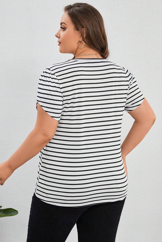 White Stripe V Neck Plus Size T-Shirt