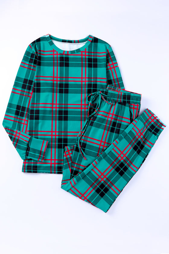 Green Plaid Long Sleeve Top & Drawstring Joggers Loungewear Set