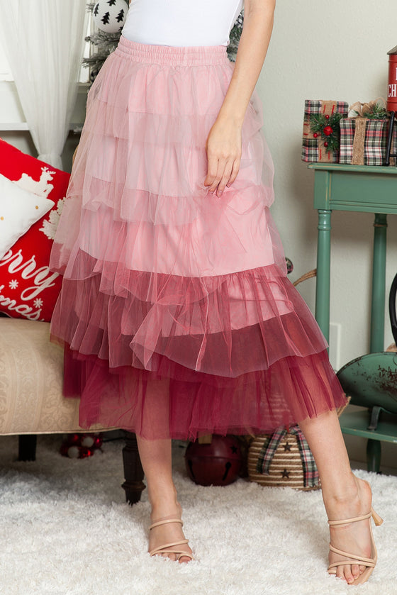 Pink Gradient Mesh Ruffle Tiered Tulle Maxi Skirt