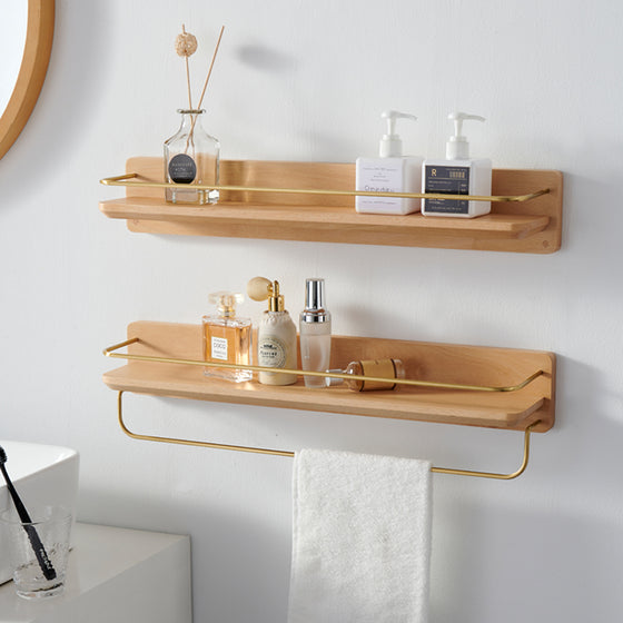 Modern Bathroom Floating Shelf with Brass Railing and Towel Rack