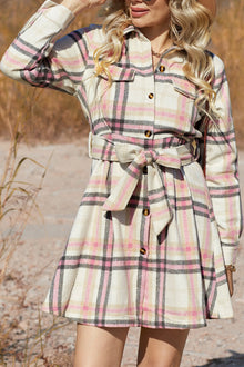  Pink Plaid Button Up Long Sleeve Belted Flannel Dress