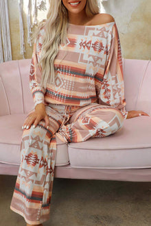  Multicolour Geometric Print Puff Sleeve Pullover and Pants Lounge Outfit