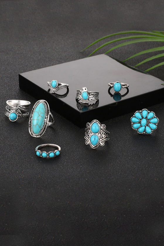 Green 8Pcs Vintage Style Turquoise Ring Set