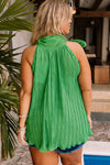 Green Neck Knotted Plus Size Sleeveless Pleated Top