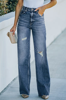  Light Blue Ripped Pockets High Waisted Straight Leg Jeans