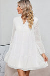 White Chevron Textured Notch Neck Mesh Tiered Dress