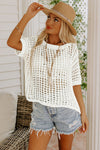 White Fishnet Knit Ribbed Round Neck Short Sleeve Tee | Available in 3 Colors