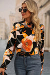 Black Floral Frilled Neck Ruffle Blouse