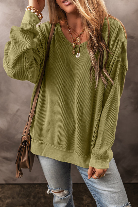 Green Waffle Textured Exposed Seamed Drop Sleeve Sweatshirt