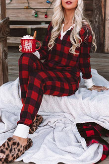  Red Christmas Plaid Long Sleeve Top & Pants Loungewear Set