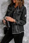 Black Casual Distressed Raw Hem Buttons Denim Jacket | Available in 3 Colors