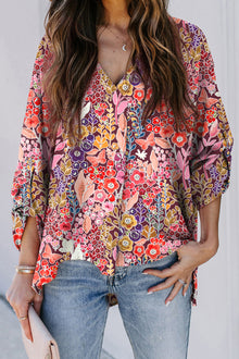  Multicolor Boho Floral Print Long Sleeve V Neck Blouse