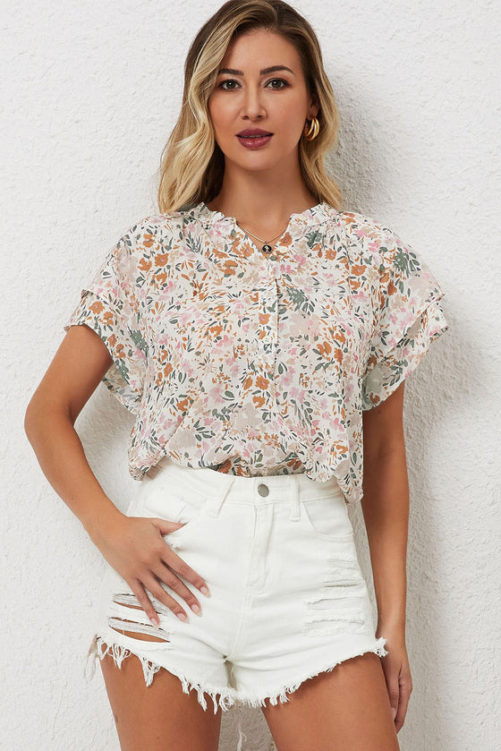 Floral Button Notch Neck Ruffle Sleeve Blouse | Available in 2 Colors