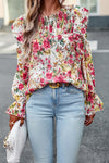 White Floral Ruffle Trim Long Sleeve Blouse