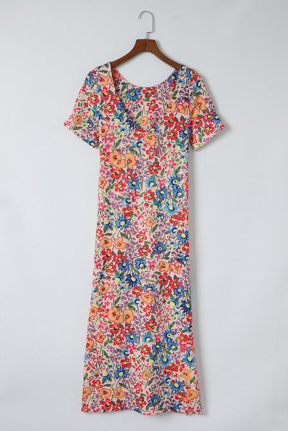 Multicolor Floral Print Ruffle Sleeves Open Back Maxi Dress