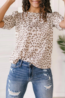  Multicolour Leopard Print Ruched Sleeve Ribbed T-Shirt