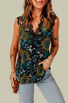  Black Casual V Neck Lace Trim Floral Tank Top