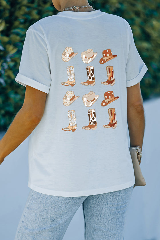 White Double-Side Cowboy Hat & Boots Graphic Tee