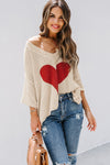 Beige Casual Heart Print Knit Sweater