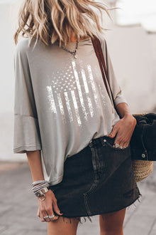  Gray American Flag Graphic Loose Fit 3/4 Sleeve Tee