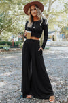 Black Plain Ribbed Crop Top & Wide Leg Pants Two Piece Pants Set | 3 Colors Available